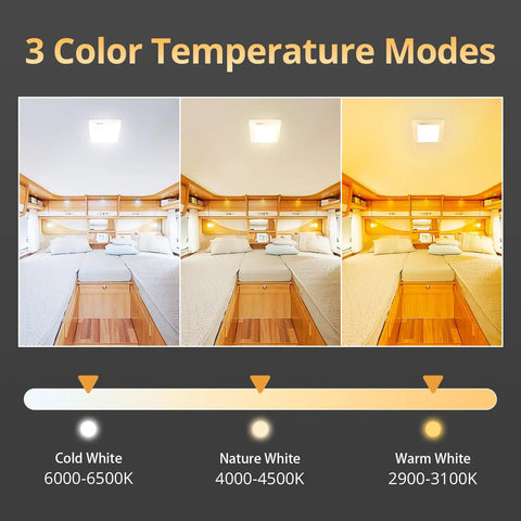 Interior RV LED Light 12V 8 Pack With 3 Color Temperatures And Stepless Dimming Energy Efficient Ceiling Light For Campers Trailers Boats And Cars 2900K To 6500K showcasing three color modes in camper interior.
