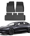 Custom Fit TPE All Weather Floor Liners For Tesla Model 3 Highland 2024 To 2026 Front And Rear Full Set Black heavy-duty mats.