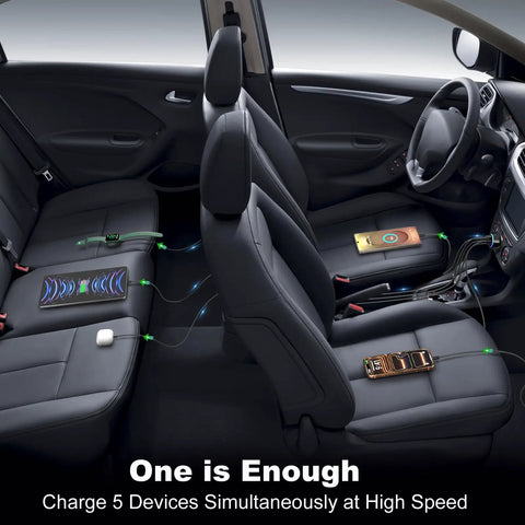 Inside view of car showing Top Shelf 90 Watt Five Port Usb C Car Charger With Dual Pd 30 W Quick Charge Ports in use.