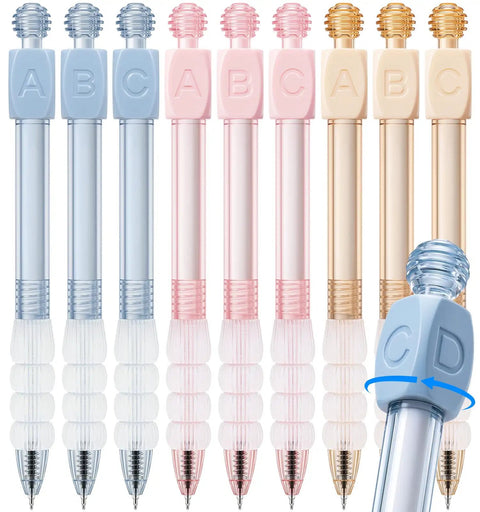 Nine Pack Gel Pens With 0.5mm Black Ink Fidget Cube Pen For Quick Drying displayed in pastel colors with ABCD roller cubes