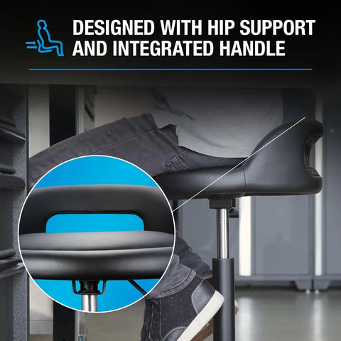 Person sitting on Backrest Shop Stool For Garage And Workshop Adjustable 22 To 28 Inches 360 Swivel with hip and handle design.