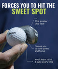 Right Handed Golf Training Club With Small Head And Molded Grip For Consistency And Accuracy held near golf ball.