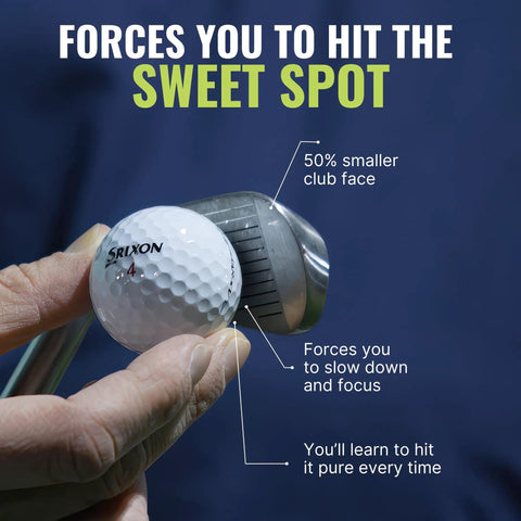 Right Handed Golf Training Club With Small Head And Molded Grip For Consistency And Accuracy held near golf ball.