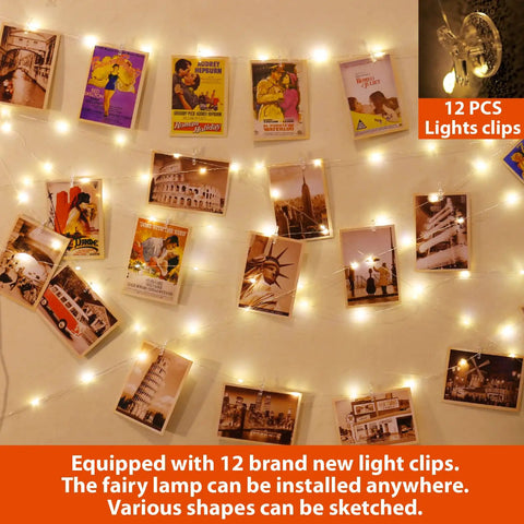 Warm White Fairy String Lights With Photo Clips And Hooks, USB Powered Waterproof 40Ft String Light With 120LED on wall