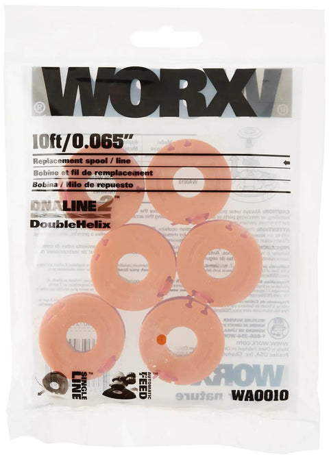 Replacement Spool And DNA2 Double Helix Line For String Trimmers 6 Pack 60 Feet Total Pre-Wound visible in Worx packaging