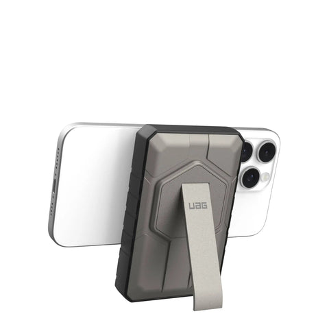 Two Port USB C Magnetic Wireless Portable Charger With 10000mAh Battery On The Go, black titanium attached to phone