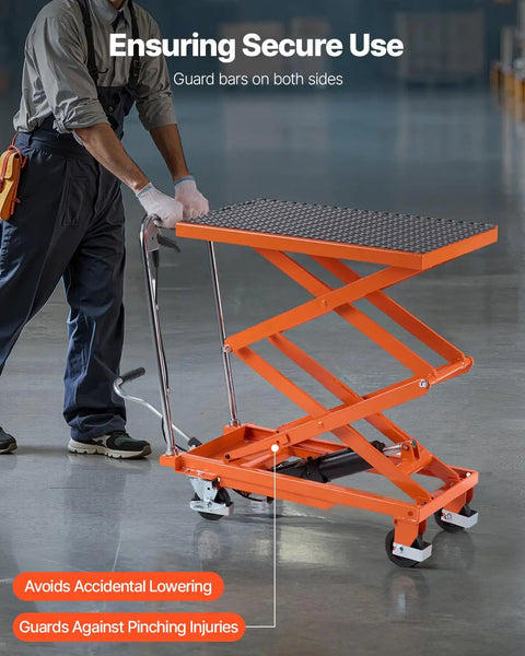 Heavy Duty Hydraulic Lift Table Boasting 500 Lb Capacity And 47 Inch Lifting Height with guard bars, used for secure material transport.