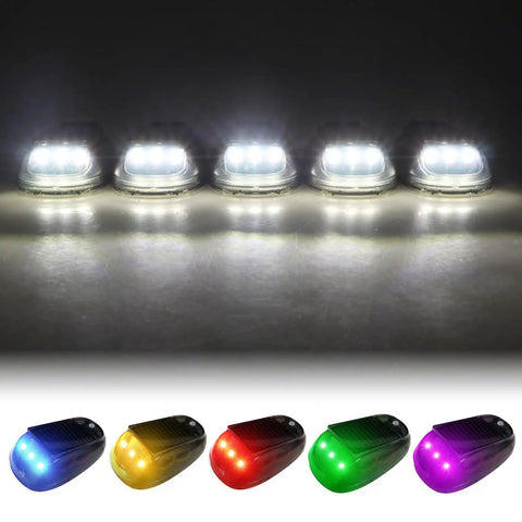Wireless Solar Cab Lights For Truck Easy Install No Drill Roof Marker RGB LEDs In 8 Colors, lit against a dark background.