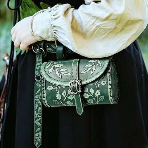 Totally Sick Medieval Renaissance Belt Bag For Women Featuring Green Floral Embossed PU Leather Waist Pouch With Antique Ring Buckle