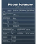 Technical specifications of a multidimensional force sensor for robotics and industrial measurement, featuring 6-axis sensor details.