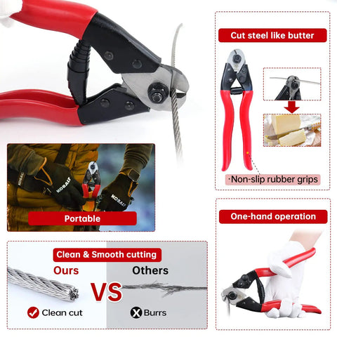 14 Inch Hand Held Wire Rope Crimping Tool Swager For Aluminum And Copper Sleeves Ferrules Built Tough One Sixteenth To One Eighth Inch Cable Railing End Fittings With Cutter CT03 showing cutting capability and ergonomic handle.
