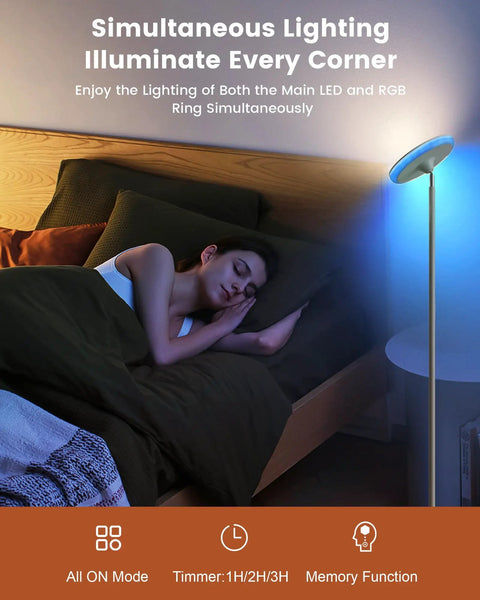 RGB Floor Lamp With Remote And Touch Control Dimmable 2700K To 6500K Torchiere Tall Standing Lamp illuminating bedroom