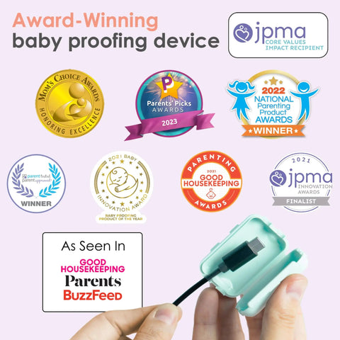Kid Friendly USB Charger Covers 6 Pack Dusty Aqua, hand placing cover on USB cable, award badges in background