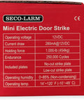 Pack Of 2 Mini Electric Door Strikes Featuring Zero Mess Install and Rock Solid Fail Secure Operation specifications on red packaging.