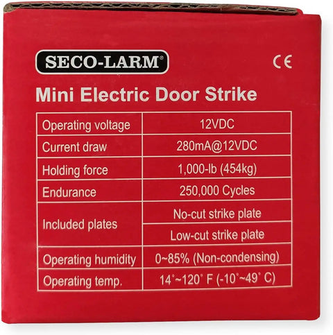 Pack Of 2 Mini Electric Door Strikes Featuring Zero Mess Install and Rock Solid Fail Secure Operation specifications on red packaging.