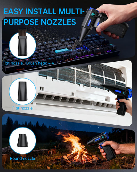 Cordless Air Duster With LED Light and 150000 RPM Brushless Motor used with various nozzles for cleaning a keyboard and air vent.