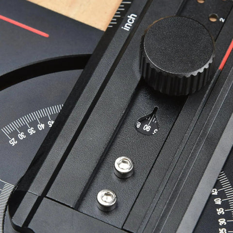 Close-up of Pro Grade Layout Measuring Tool With Angles Finder For Woodworking And Construction, Lightweight Aluminum Ruler