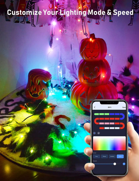 RGB Fairy String Lights 33ft With 66 LEDs App Control 44 Modes Color Changing Music Sync Waterproof Halloween Decor