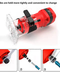Compact Palm Wood Router Kit With 32000 RPM Power, Quick Release Lock System, shown with parts for blade tightening.