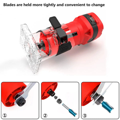 Compact Palm Wood Router Kit With 32000 RPM Power, Quick Release Lock System, shown with parts for blade tightening.