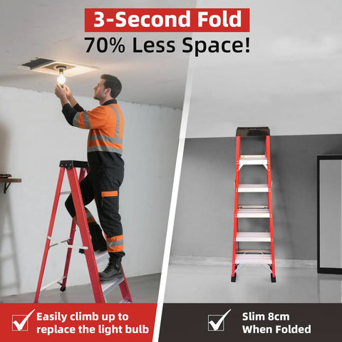 Heavy Duty Fiberglass Step Ladder Built Like A Tank With An Insanely Solid 500 Pound Weight Rating Non Conductive Design For Electricians And Weekend Warriors Doing Real Work in use for changing a light bulb.