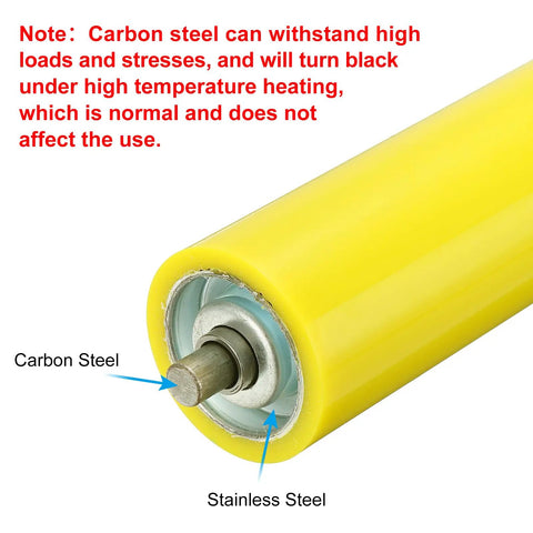 Beefy Polyurethane Coated Conveyor Roller With Stainless Steel Shaft And Galvanized End Cap Yellow 2.4 Inch Diameter By 24 Inch Length Replacement Part For Industrial Conveyors close-up end view