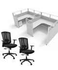 Rock-Solid Modular Office Cubicle Kit Features 7 Smart Layouts For Solo Grind Or Team Flex Plus Ergonomic Chairs Grey Mobile Storage And Sliding Walls Zero Hassle Assembly Pro Grade Workspace Gear with two ergonomic chairs and a modular layout.