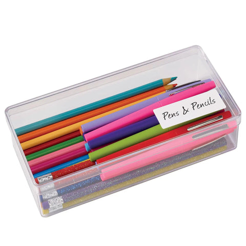 Easy Peasy Peel Design Game Changer For Mailing Quick Turnaround Small Business Branding Essentials 2 3 By 1 3 4 Inch Laser Inkjet Compatible 600 White Printable Adhesive Stickers Smooth Reliable with colorful pens and pencils in a clear box.
