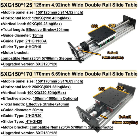 Straight Up Heavy Duty Aluminum Motorized Linear Stage With Rock Solid Steel Rails And Smooth As Silk Ball Screw Motion Designed For Gritty Industrial Automation And Serious Heavy Lifting Up To Two Fifty Kilograms, showing SXG150*125 and SXG150*170 double rail slide tables.