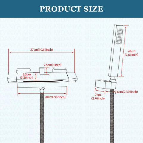 Diagram showing dimensions of Polished Chrome Waterfall Bathtub Faucet With Wall Mount Dual Handle Brass Tub Spout Slick Handheld Shower Spray 59 Inch Hose Hot Cold Water Mixer For Modern Bathrooms
