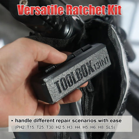 Hand holding Bike Repair Kit 13 in 1 Mini Ratchet Wrench Set With 11 Bits, Reversible Ratchet Tool for Home and Travel