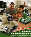 Father and son playing with 2 Pack Remote Control Battle Tanks with Laser Tag for Kids on wooden floor.
