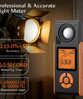 Plant Grow Lux Meter 0 To 200000 Lux, 0 To 20000 FC, 3 Color Backlit LCD, High Precision For Plants, 0.5s Sampling, Stable Readings To Fine Tune Your Grow Lights And Maximize Photosynthesis. handheld light meter with orange backlit display