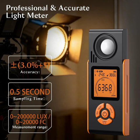 Plant Grow Lux Meter 0 To 200000 Lux, 0 To 20000 FC, 3 Color Backlit LCD, High Precision For Plants, 0.5s Sampling, Stable Readings To Fine Tune Your Grow Lights And Maximize Photosynthesis. handheld light meter with orange backlit display