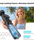 5000mAh Fast Charging Battery Handle For Osmo Pocket 3 And 4 Power Grip with 20W fast charge held by a smiling woman on a beach.
