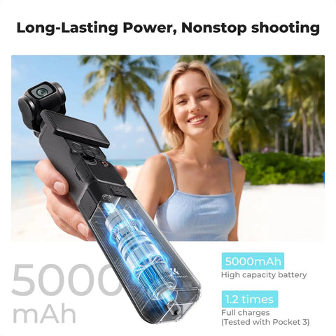 5000mAh Fast Charging Battery Handle For Osmo Pocket 3 And 4 Power Grip with 20W fast charge held by a smiling woman on a beach.