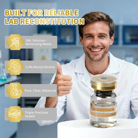 5 mL glass reconstitution vial with gold cap, labeled Reconstitution Solution, in a laboratory setting.
