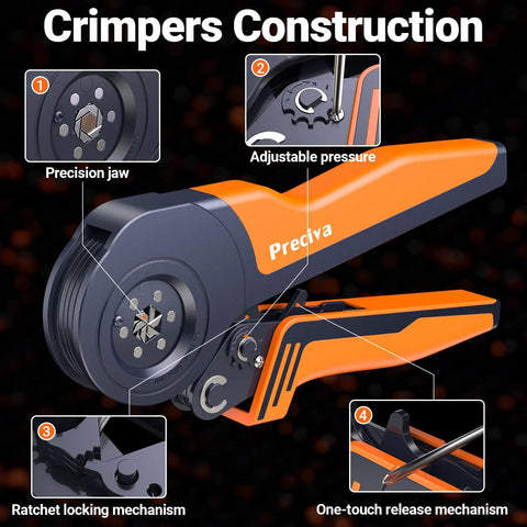 Close-up of the Ferrule Crimping Tool Kit Pro Grade With AWG 28 To 5 Hex, showing precision jaw and adjustable pressure features.