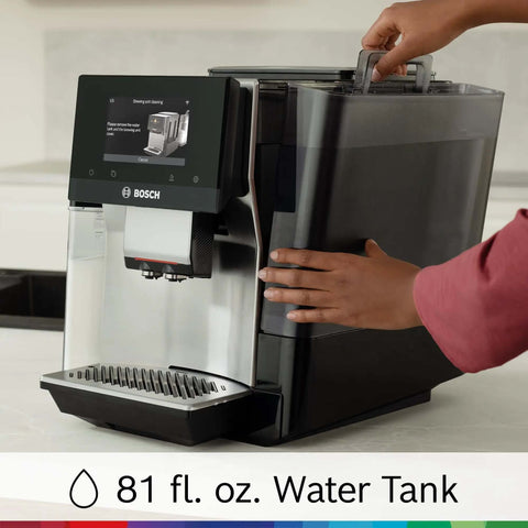 Double Cup Barista Style Home Fully Automatic Coffee Machine With 36 Drink Presets shown with large touchscreen and 81 oz water tank