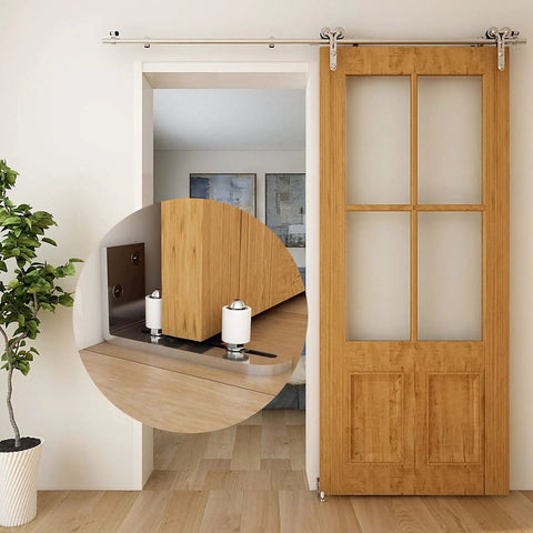 Stainless Steel Barn Door Floor Guide With Adjustable Ball Bearing Bottom Guide Wall Mount For Smooth Sliding Non Scratch Heavy Duty Sliding Door Hardware For Interior And Exterior Use installed on wooden barn door in living room.