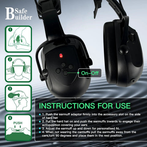 Cap Mounted Ear Muffs For Hard Hats With 29dB SNR Adjustable Helmet Attachments Black Safety Earmuffs Lets You Rock Out To Tunes Hands Free With Smartphone While You Work Great Hearing Protection shown with on-off switch and instructions for use.