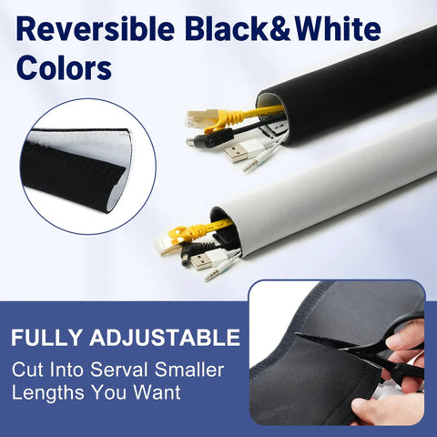 10 Foot Neoprene Cable Sleeve With Hook And Loop Fastening Cuttable 1.5 Inch Diameter Reversible Cord Protector with cables