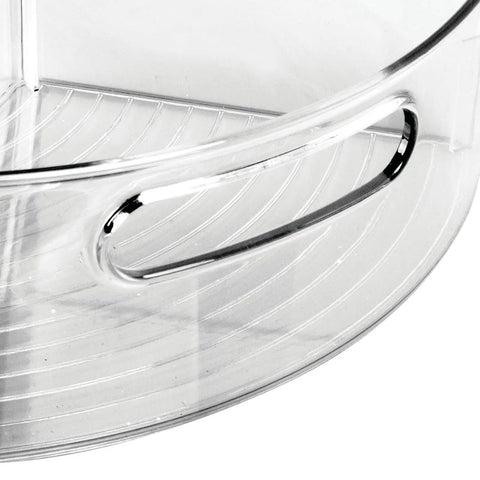 Close-up of Real Smooth Rotating Plastic Lazy Susan Tray with comfy grip handle for easy organization in kitchen.
