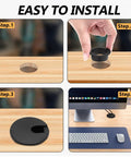 Game Changer 8 Piece Bundle White Desk Grommet Kit Featuring Detachable Cable Hole Cover and Heavy Duty Bi Metal Drill Bit for easy installation steps.