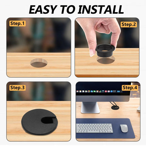 Game Changer 8 Piece Bundle White Desk Grommet Kit Featuring Detachable Cable Hole Cover and Heavy Duty Bi Metal Drill Bit for easy installation steps.