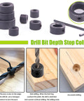 Pro Grade Woodworking Dowel And Tenon Center Drill Bit Set With Depth Stops And Pins showing drill bits and depth stop collars
