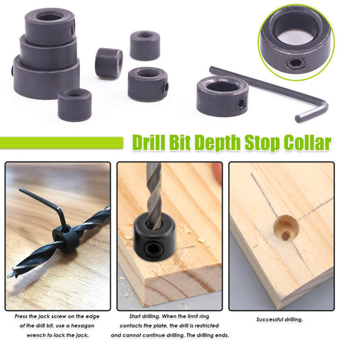 Pro Grade Woodworking Dowel And Tenon Center Drill Bit Set With Depth Stops And Pins showing drill bits and depth stop collars
