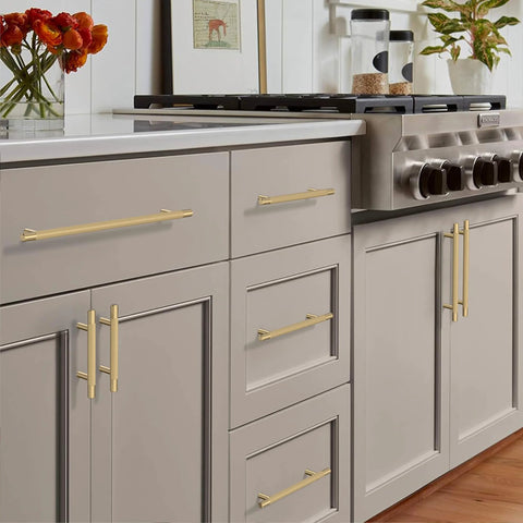 Champagne Bronze Cabinet Pulls 10 Pack 5 Inch Center To Center Knurled Kitchen Cabinet Handles installed on beige cabinetry