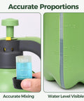Close-up of Hand Pump Sprayer 2L Garden Sprayer For Plants And Lawn Care showing water level and mixing measurements on green bottle.