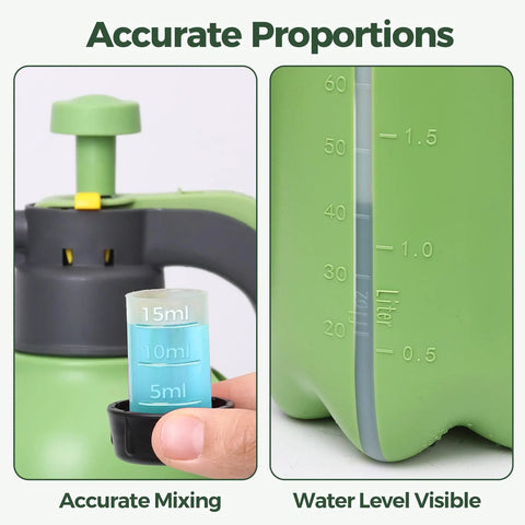 Close-up of Hand Pump Sprayer 2L Garden Sprayer For Plants And Lawn Care showing water level and mixing measurements on green bottle.